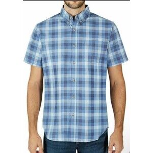Lee Shirt Mens size M Blue Plaid Regular Fit‎ Short Sleeve Button Up Stretch